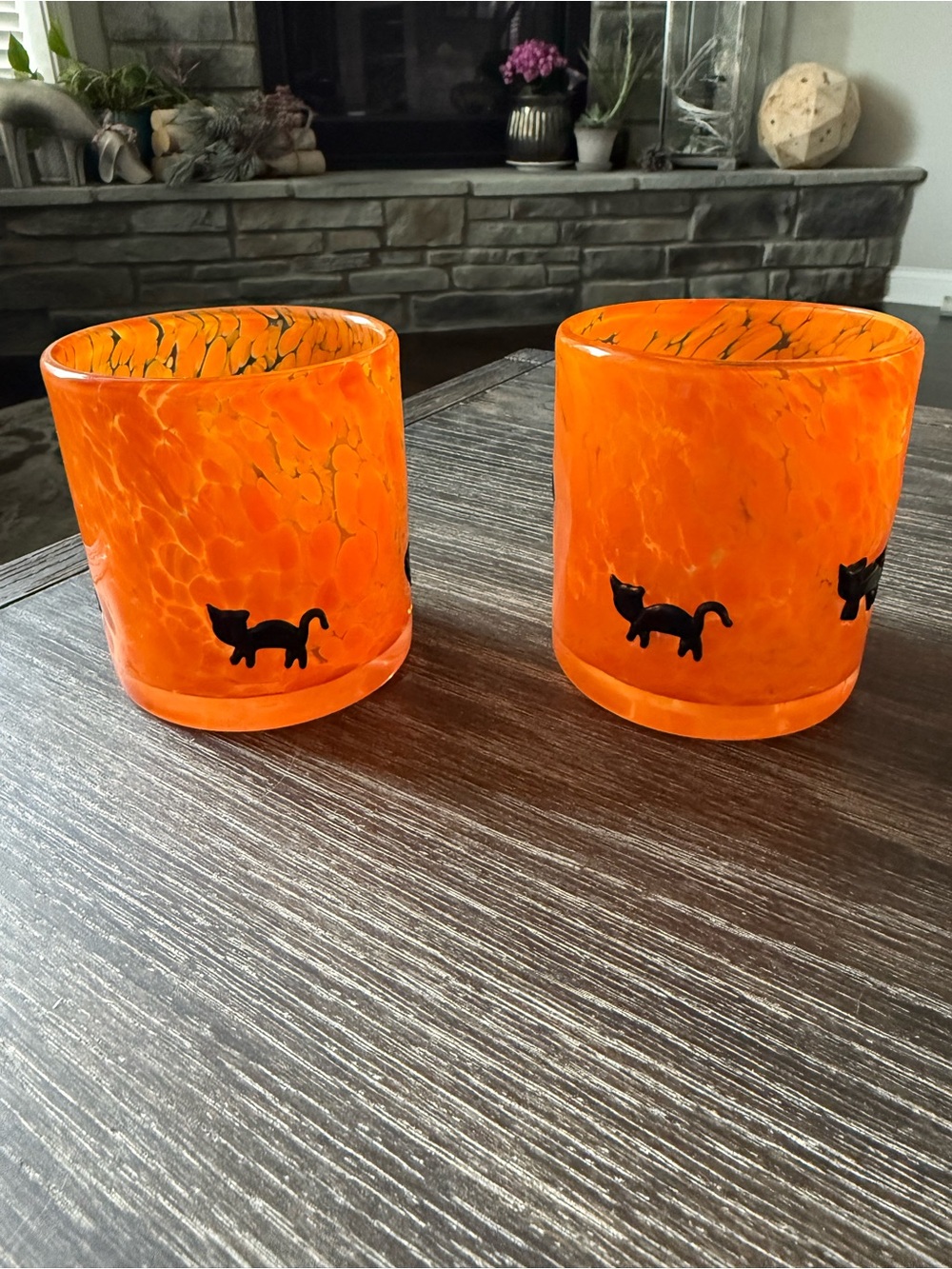 NWT Old Fashioned Juice Glass Orange with Black Cat Halloween Set of 2